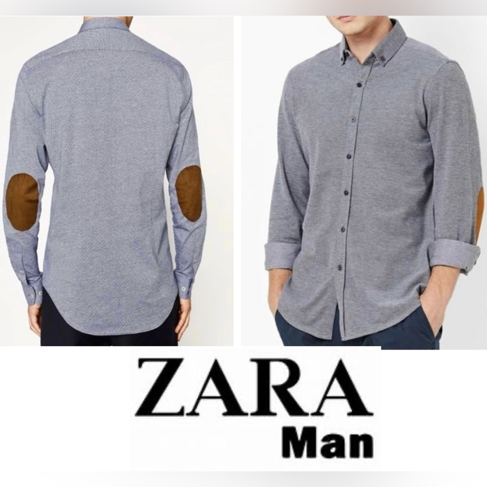 Zara Man Slim Fit Men’s Sz XL‎ Gray Twill Suede Elbow Patch Button Down